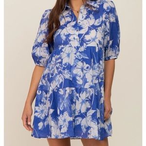 Royal Blue Floral Collared Puff Sleeve Maternity Dress